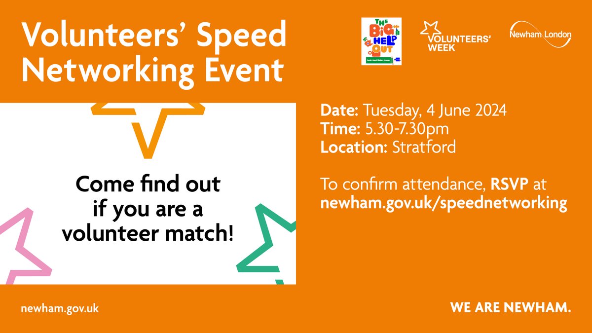 Quick - we have a few more spaces left!

If you've been thinking about volunteering, book on &amp; find your volunteer match all under one roof. Just to name a few, we have <a href="/reinukorg/">Reinuk</a> <a href="/RichardHouseCH/">Richard House Trust - In ADM</a> <a href="/noordinarypark/">Queen Elizabeth Olympic Park</a> <a href="/newhamcommunity/">Newham Community Project</a> amongst others tagged in!

forms.office.com/e/Lh3m8hmchN