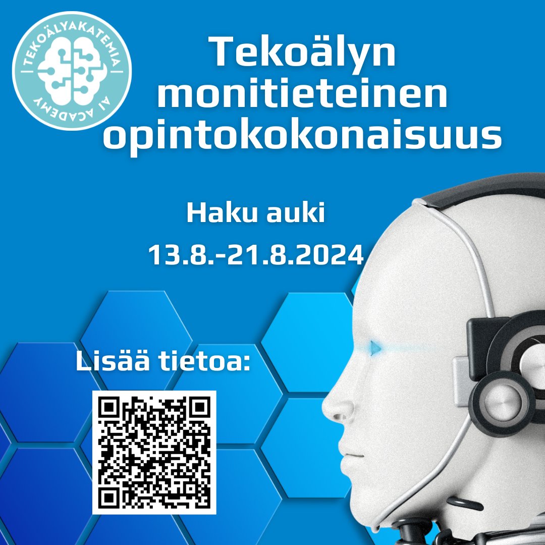 Tekoälyn monitieteiseen opintokokonaisuuteen voivat osallistua sekä <a href="/UniTurku/">Turun yliopisto - University of Turku</a> tutkinto-opiskelijat että <a href="/TYAvoin/">TY Avoin yliopisto-opetus</a> avoimen yliopiston opiskelijat. 
Ilmoittautuminen avautuu 13.8. 
sites.utu.fi/tekoalyakatemi…

#tekoäly #jatkuvaoppiminen #turunyliopisto #artificiallntelligence