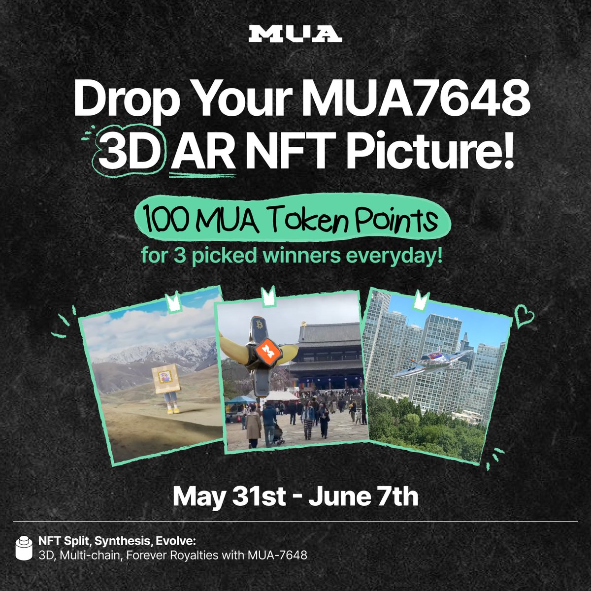 🚀MUA7648 BigFun AR Showcase Challenge!

📷For the next 7 days, dazzle us with #MUA7648 #AR asset photos. 

😄Post your coolest AR shots daily and tag <a href="/MUA_MUADAO/">MUA DAO</a> &amp; <a href="/0xMantle/">Mantle Network</a> in pinned tweet comment!

✨Hunt for the most eye-catching entries each day.

💰The top 3 daily winners