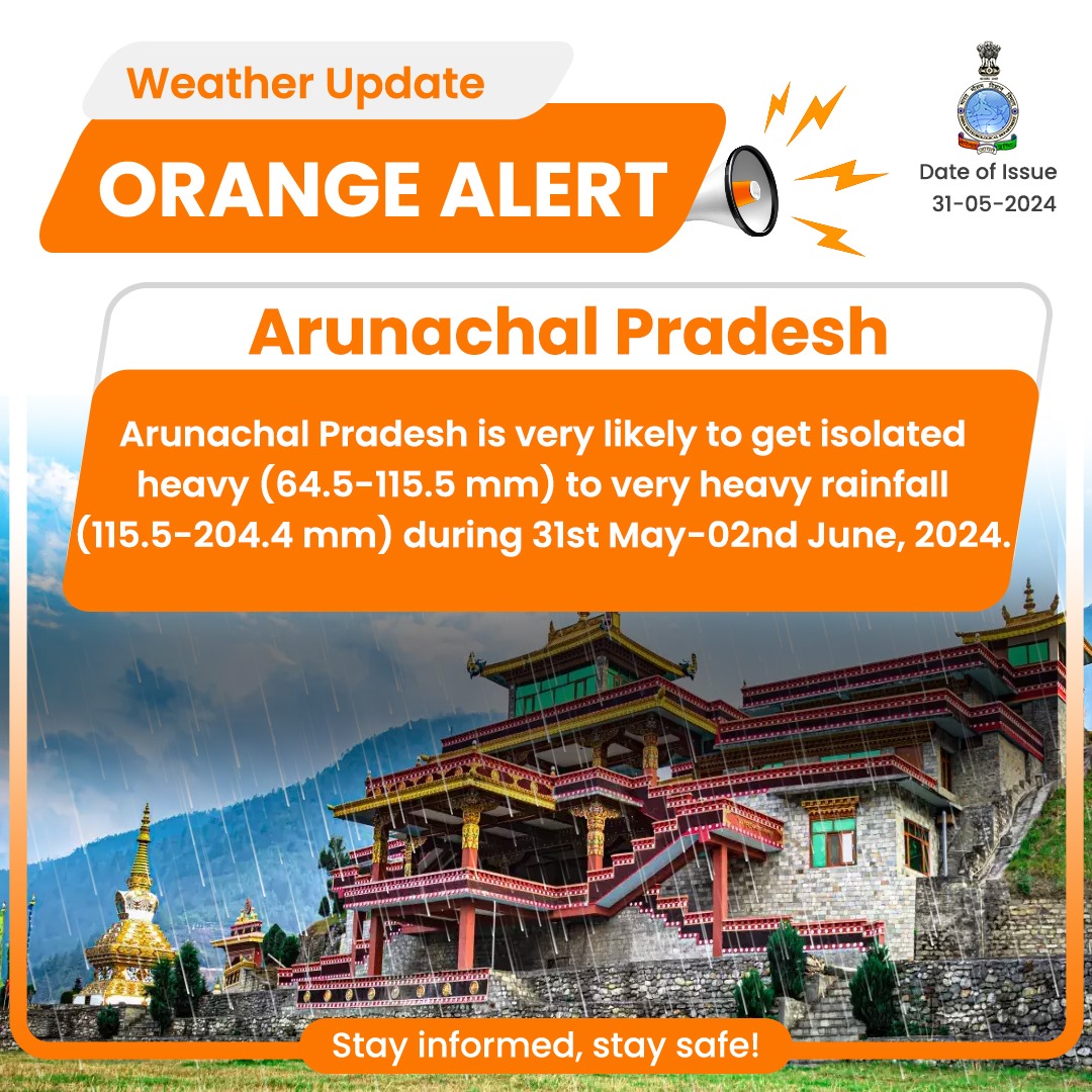 Arunachal Pradesh is very likely to get isolated heavy (64.5-115.5 mm) to very heavy rainfall (115.5-204.4 mm) during 31st May-02nd June, 2024.

#rainfallalert #weatherupdate #rain #arunachalpradesh

@moesgoi @ndmaindia @DDNational @airnewsalerts
@RailMinIndia @DDNewslive