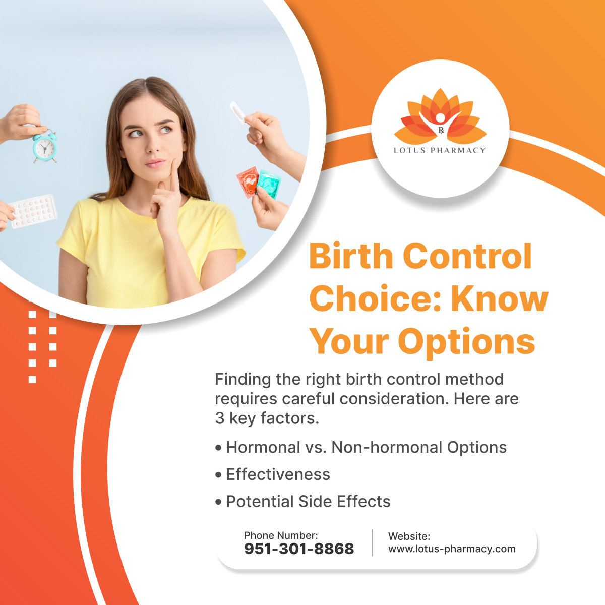 lotusphrmcy's tweet photo. Choosing the right birth control is a personal decision. Understanding these factors empowers you to make an informed choice. Talk to your doctor or pharmacist about all your birth control options to find the best fit for your lifestyle and health needs.

#BirthControlOptions https://t.co/xSLzO08dR7