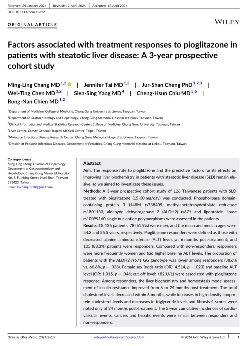 3-year prospective study on #pioglitazone for #MASLD: Responders showed significant reductions in AST, ALT, total cholesterol, and HOMA-IR.
…ubs.pericles-prod.literatumonline.com/doi/epdf/10.11…