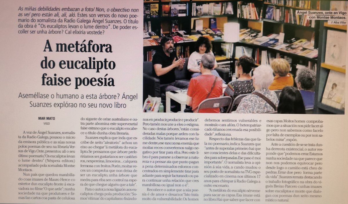 Onte pasamos con Os eucaliptos levan o lume dentro por Vigo.

Manteñen a poesía viva as librarías coma Versus, as lectoras atentas como Chus, Nuria ou Charo e as xornalistas culturais como Mar Mato.
Por suposto, sempre co sostén de <a href="/montsemontaos/">Montse Montaos</a> e <a href="/NesperaEditora/">Nêspera</a> 🌱💚