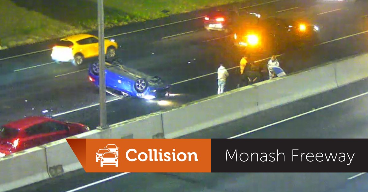 The right lane of the Monash Freeway is closed inbound at Blackburn Road, due to a collision and rollover. Three lanes open with the speed at 40km/h. Please obey the overhead lane signals and be vigilant fore people walking on the roadway. #victraffic