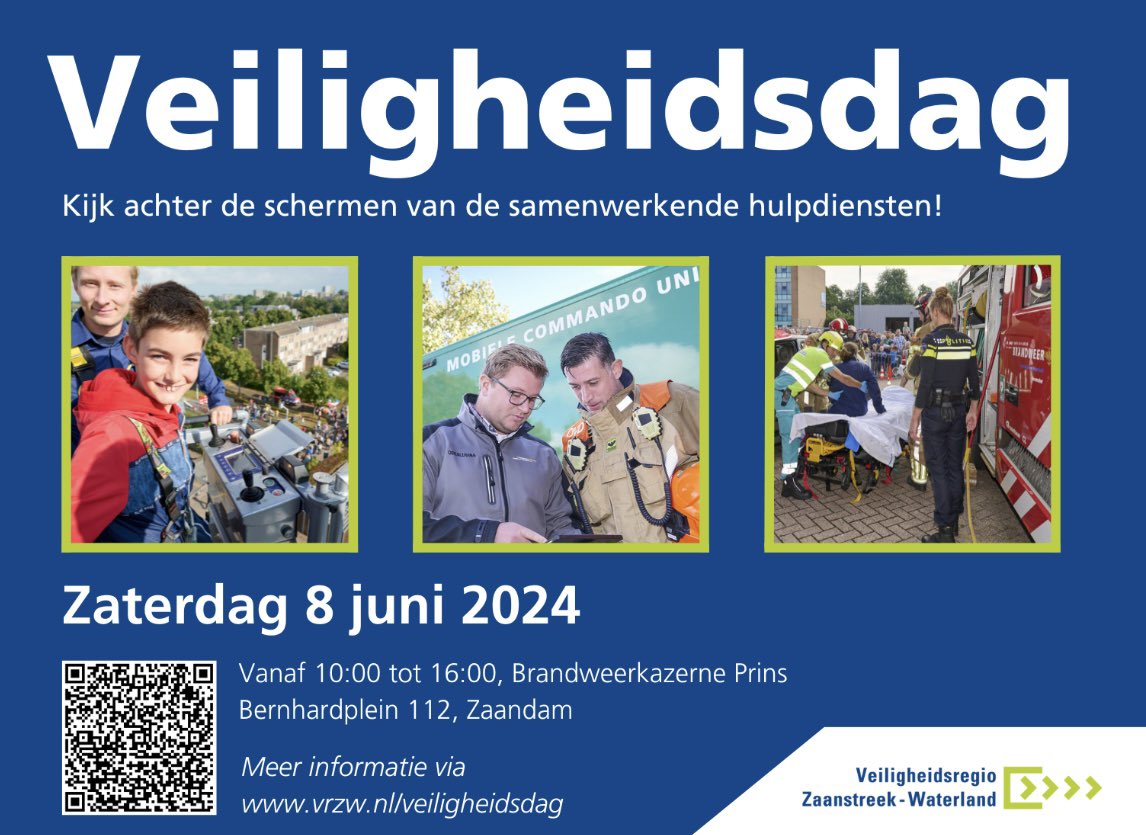 Nog één week wachten dan is het zover. zaterdag 8 juni organiseert de Veiligheidsregio Zaanstreek-Waterland een veiligheidsdag voor jong en oud. Iedereen is van harte welkom om een kijkje te komen nemen achter de schermen van verschillende hulpdiensten. Tot dan!