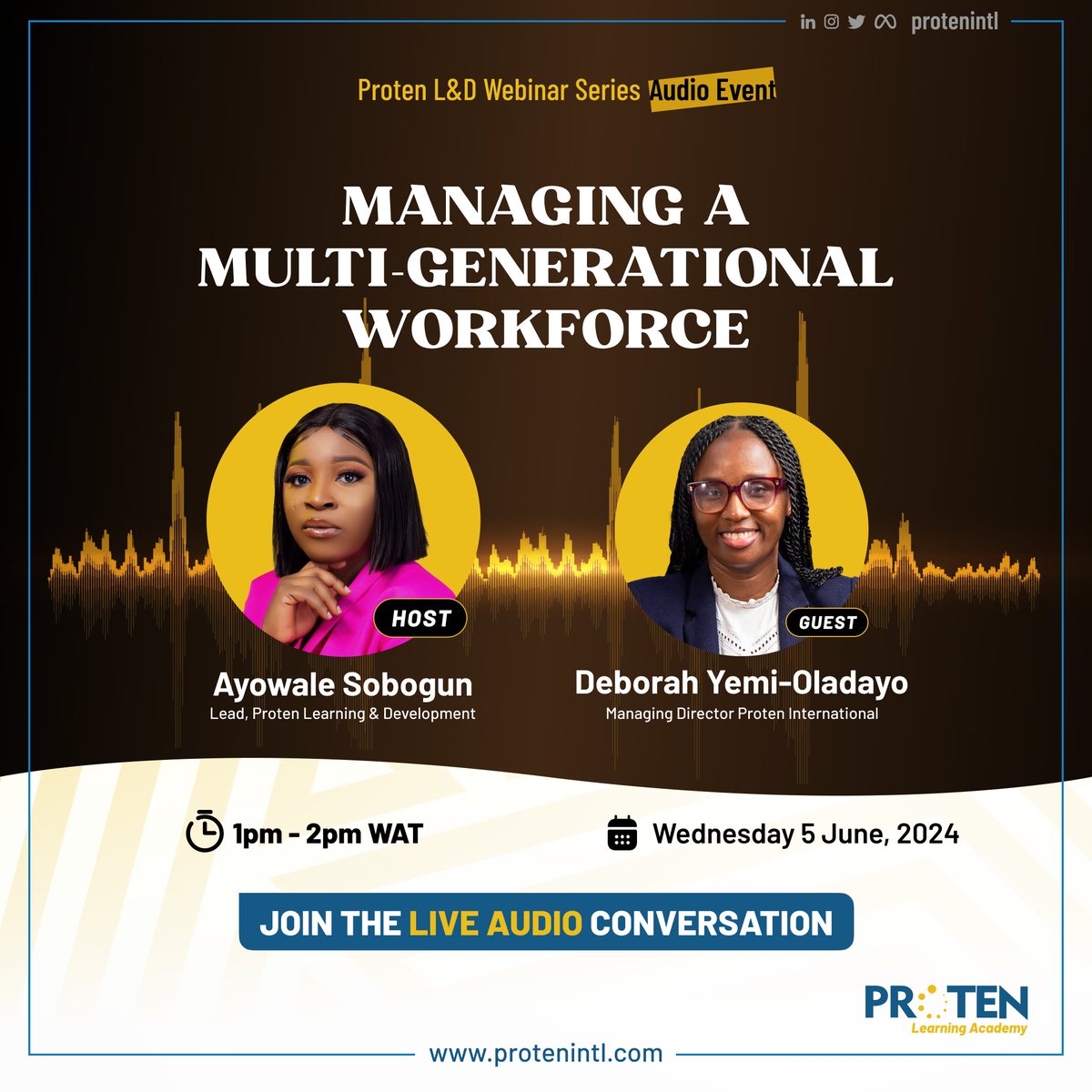 Protenintl's tweet image. Are You Ready to Lead the Future Workforce?

Our much-anticipated LinkedIn audio conversation is almost here! Join us on June 5th at 1 pm for an engaging session on Managing a Multi-Generational Workforce.

Reserve Your Spot Now: bit.ly/managing-multi…

#Proten #Leadership #HR