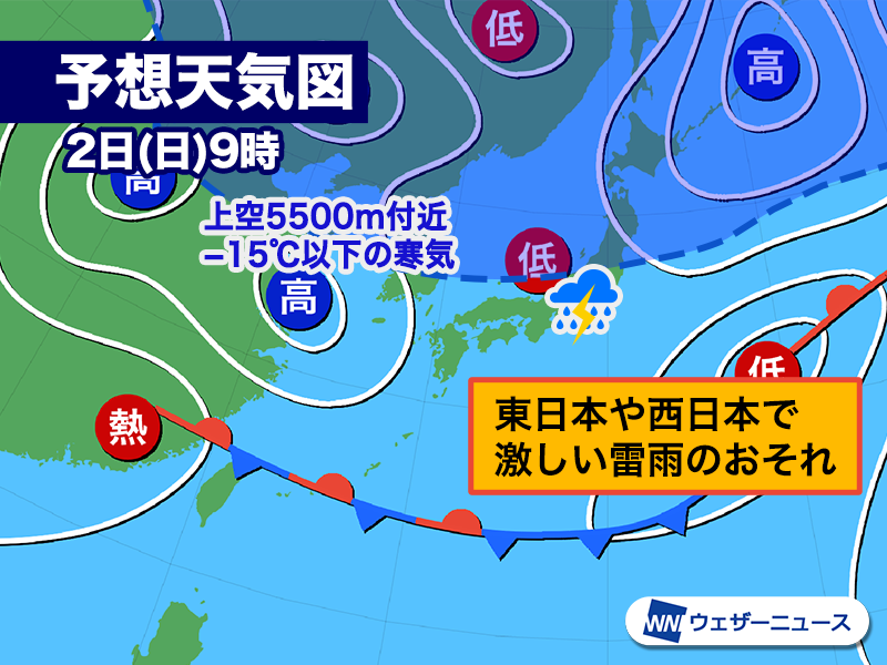 ＜日曜日から激しい雷雨のおそれ＞ あさって2日(日)から3日(月)にかけて本州の上空を「寒冷渦」と呼ばれる強い寒気を伴った上空の低気圧が通過します。大気の状態が非常に不安定になり、東北や東日本、西日本では広範囲で激しい雷雨になるおそれがあります。 weathernews.jp/s/topics/20240…