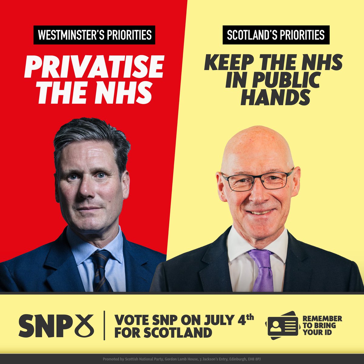 📢 The SNP will always prioritise the NHS and defend its founding values. 🥀 Labour want to privatise the NHS. 🗳️ On July 4th, vote SNP to protect our NHS.