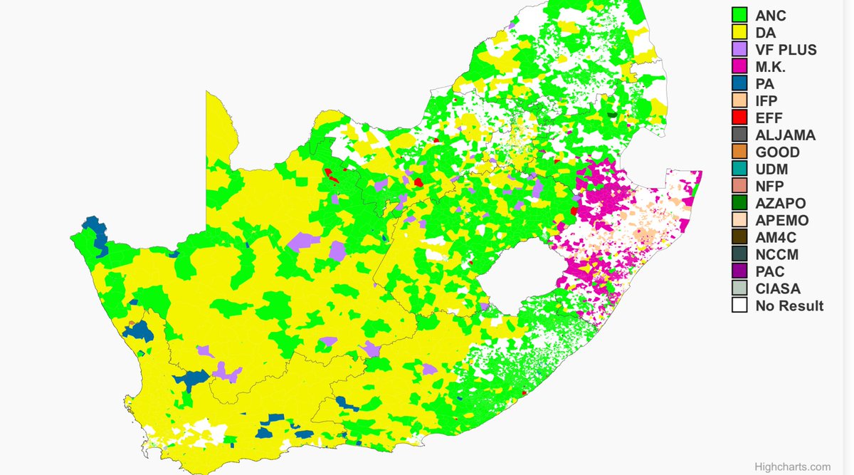 There are so many political parties in South Africa elctions. Interesting to see how DA Paryy has won half of the country with a paltry 23% votes, the areas must sparsely populated with the whites majority. The EFF is confined to a small area in North East.