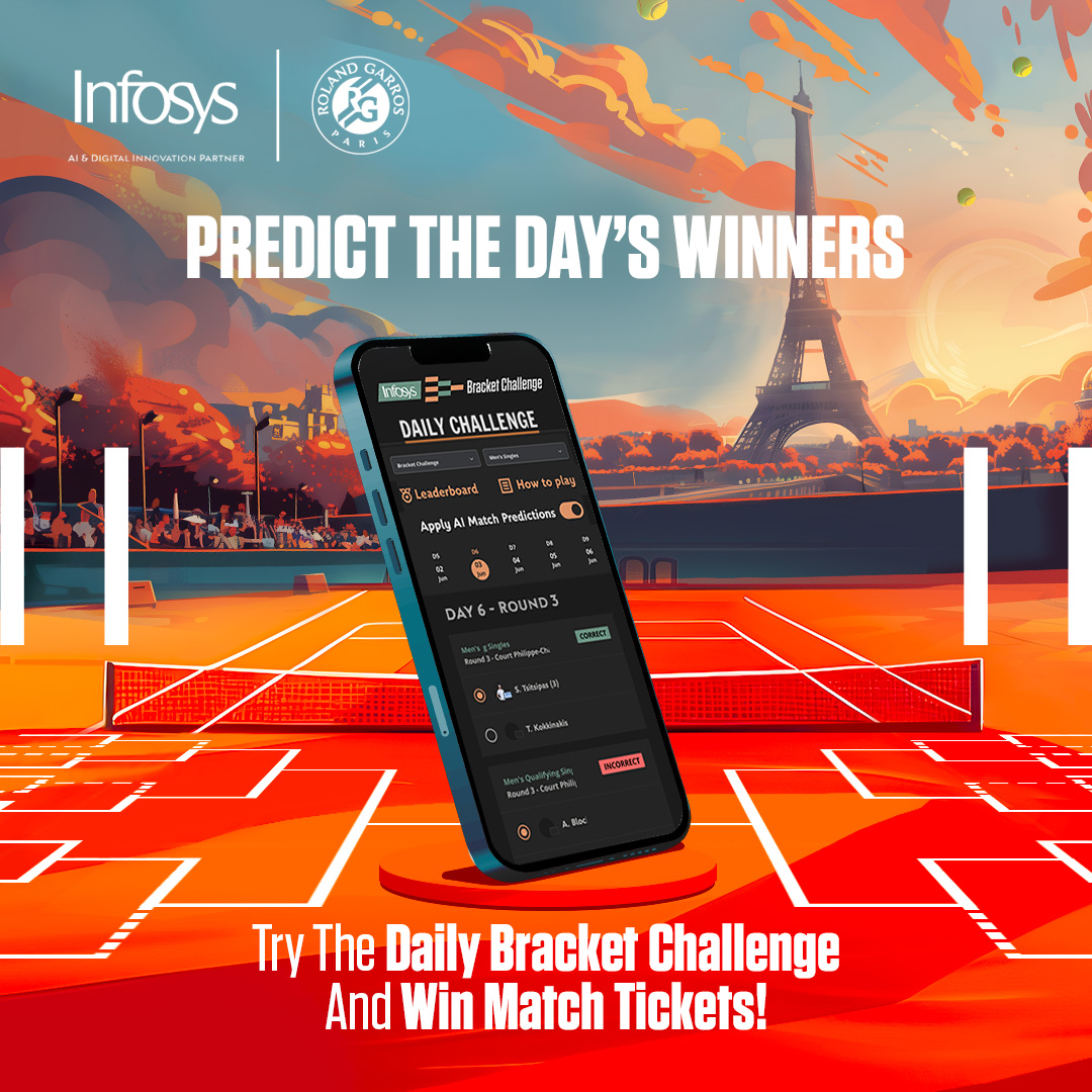 This guessing #game comes with a big prize! Do the #RolandGarros Daily Bracket Challenge – drop your predictions for the day’s play every day & climb the leaderboards for a chance to win exciting prizes. Try it: bit.ly/3yzDxUB #RolandGarrosWithInfosys #ExperienceTheNext