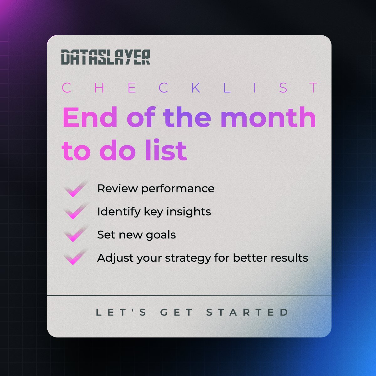 Dataslayers's tweet image. This last day of the month it's time to wrap up and prepare for a new cycle.
Here's a handy checklist to ensure nothing is missed. Let's finish strong and set ourselves up for success in the new month!
#Marketing #EndOfMonth #PerformanceReview #Goals #Strategy