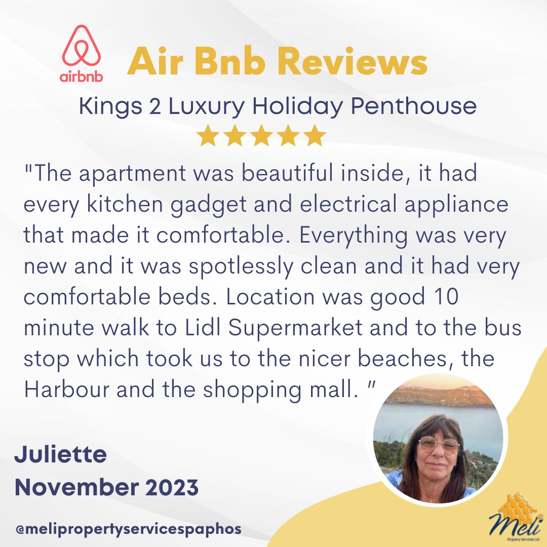 MPaphosProperty's tweet photo. We're thrilled by your lovely reviews! Our team @melipropertyservices works hard to make your stay in our Paphos rental properties unforgettable. Whether you're here for work or play, we love hosting you! https://t.co/KnpZWdAZ7e