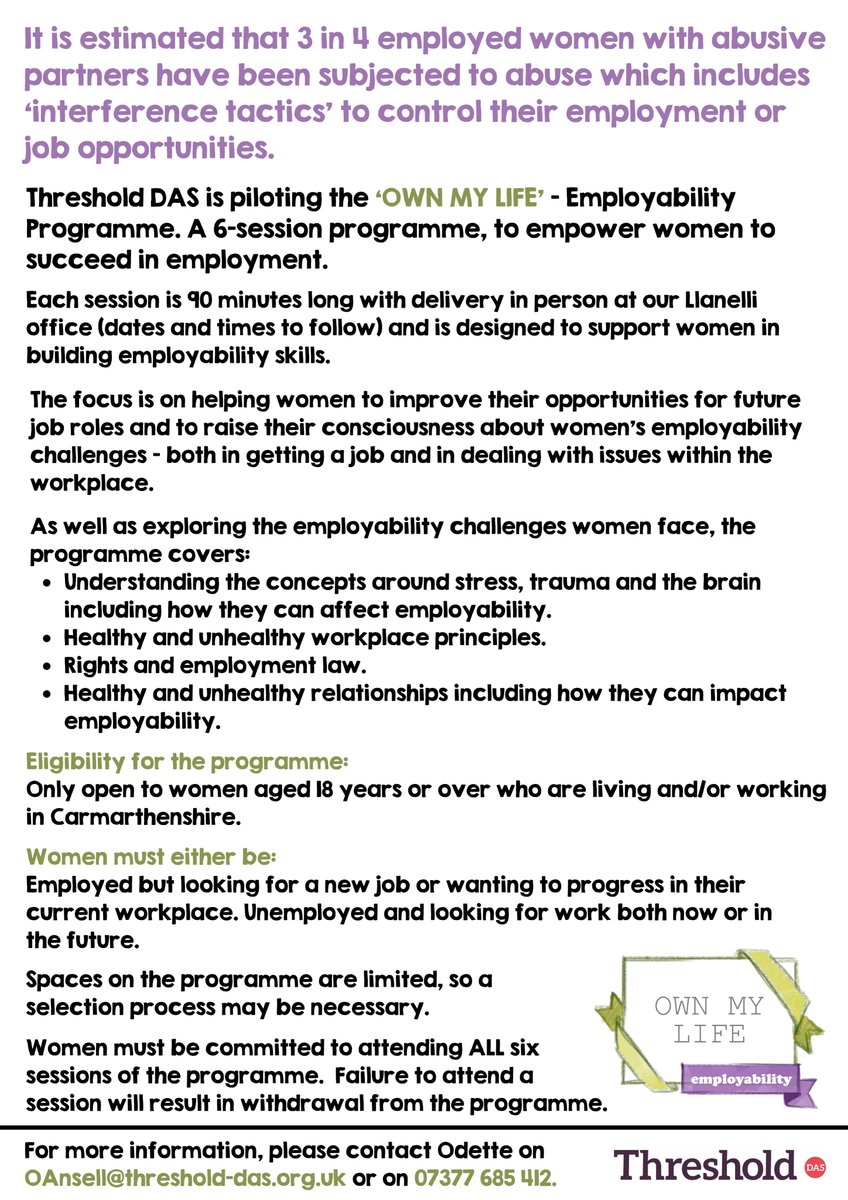 At Threshold DAS, we're piloting a new programme - OWN MY LIFE. A programme dedicated to empowering women to succeed in employment.

Please contact Odette at OAnsell@threshold-das.org.uk for more information or see below 👇🏼