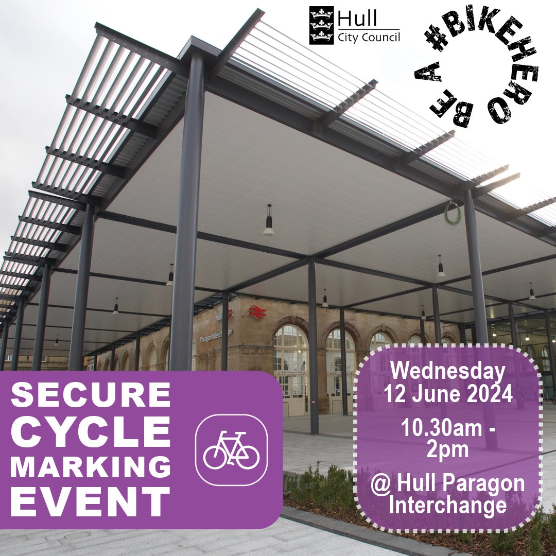 travel_hull's tweet image. Be a #BikeHero this #BikeWeekUK by protecting your wheels 🚲 🔏

The @BTP is hosting a secure cycling marking event at Hull Paragon Interchange between 10.30am-2pm.

#LockItMarkIt #BikeRegister