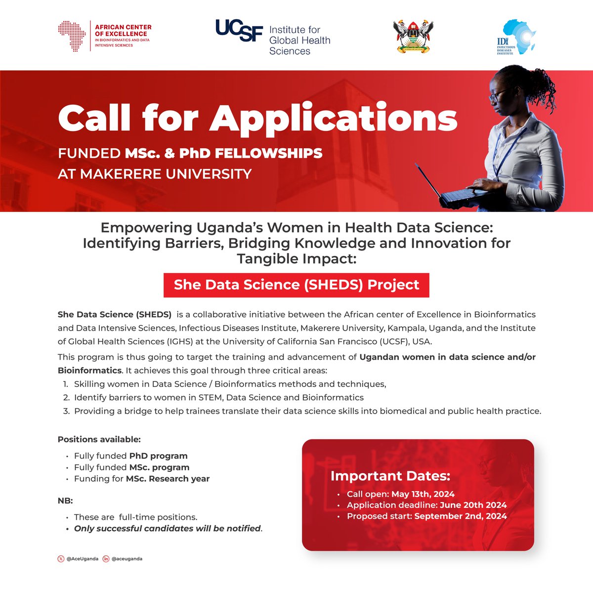 Attention Aspiring Female Data Scientists in Uganda!

Be part of the SHE-DATA SCIENCE Training program.

Apply now for:
PhD: idi.mak.ac.ug/opportunities/…
MSc (2-year funding): idi.mak.ac.ug/opportunities/…
MSc (research year funding): idi.mak.ac.ug/opportunities/…