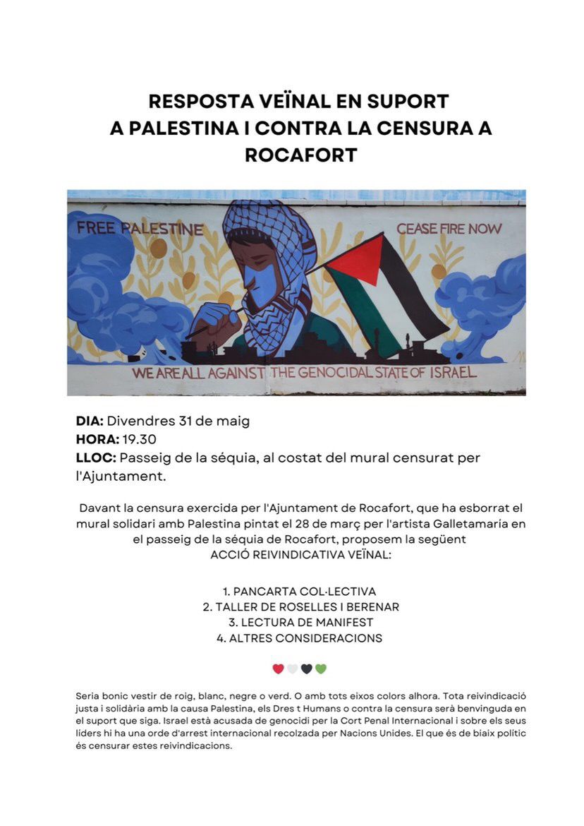 ✊🏼🎨🍉 Davant de la censura del mural palestí a Rocafort, resposta veinal i solidaritat! 🌱🇵🇸 Hui a les 19:30h a Rocafort!