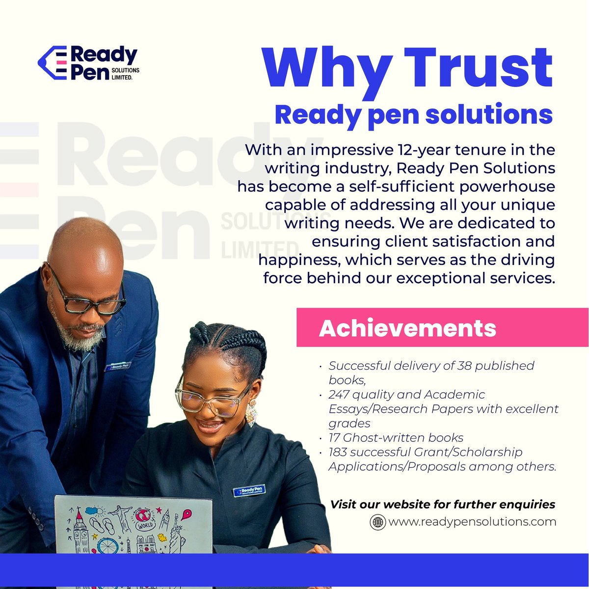 🖊️Ready Pen Solutions is a reputable and trusted writing service provider with over 12 years of experience. 
Contact Ready Pen Solutions today for exceptional writing solutions tailored to your needs.💯

#readypensolutions #writing #writingindustry #clientsatisfaction #books