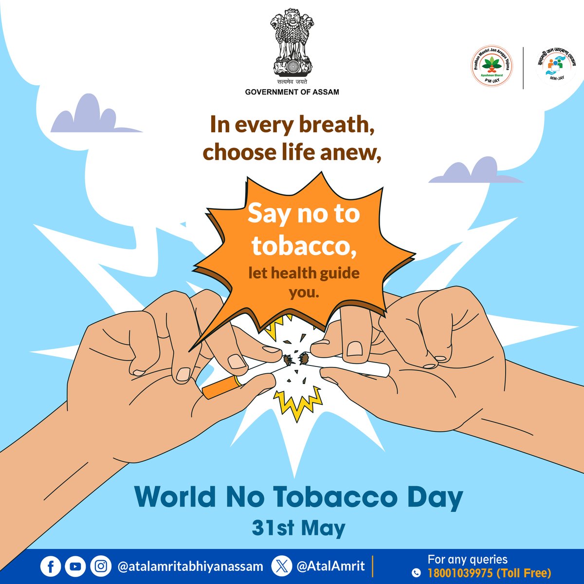 Say no to tobacco and choose to live a healthy life.

#NoTobaccoDay #WorldNoTobaccoDay #May #Notosmoking #notobacco #health #healthforall #healthylife #tobacco #ayushmanbharat #ayushmanasom #healthyliving #healthylifestyle #healthy #life #livehealthy #DeshHoRahaAyushman