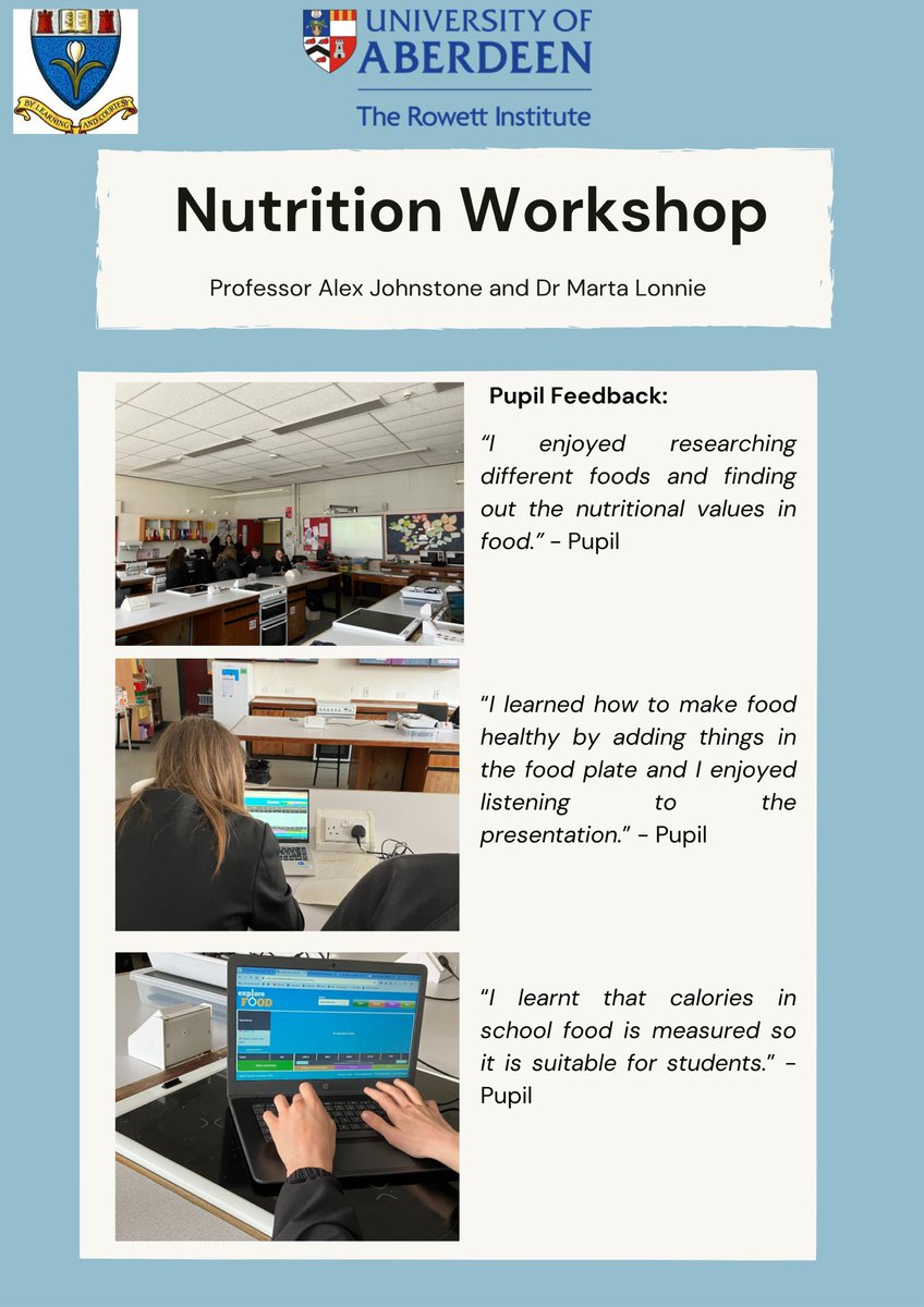 We had The Rowett Institute visit our school to support with the curriculum delivery for Home Economics. One of the activities completed by the pupils involved using tools and platforms to analyse meals and their nutritional values. Thank you <a href="/rowett_abdn/">Rowett Institute</a> !