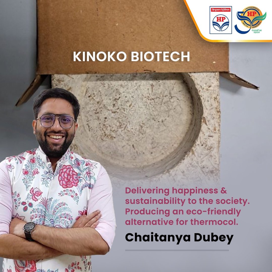 Chaitanya Dubey created a biodegradable alternative to traditional thermocol using mushroom mycelium and agricultural waste as he was distressed to see the regular thermocol used in the expansive packaging industry flooding landfills. He makes biomaterials out of mushrooms,