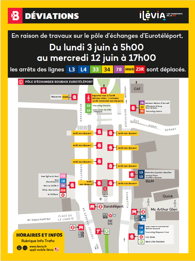 🚧Travaux pôle d’échanges Eurotéléport🚧
​​🗓Du 03/06 à 07h00 jusqu’au 12/06 à 17h
​​🚌Arrêts de la station de bus déplacés sur les voies latérales ( Bd Gambetta)
​​Détails 👉 ilevia.fr/infos-trafic