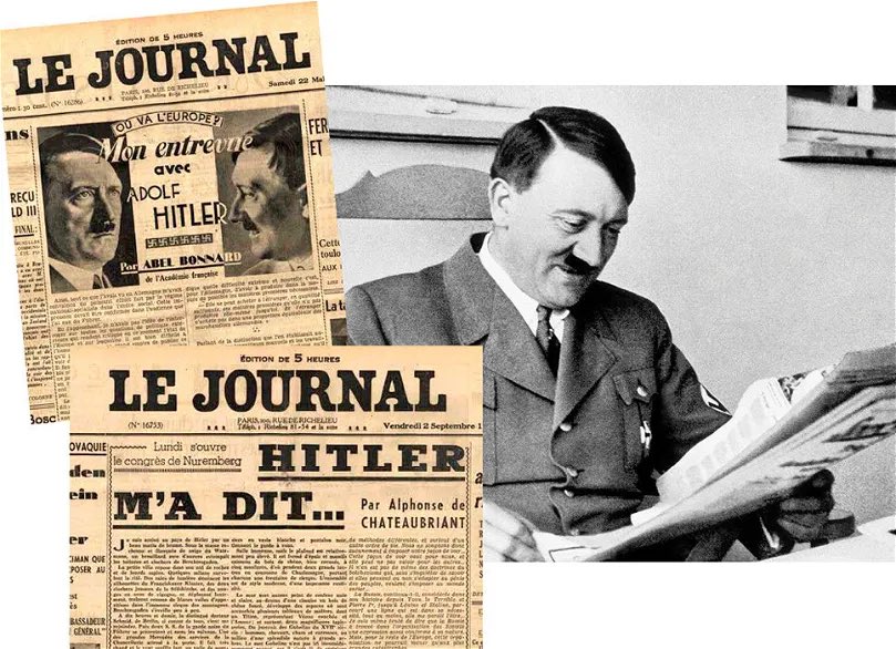 Petit rappel : dès son arrivée au pouvoir en 1933 la presse française offre plusieurs tribunes très complaisantes à Adolf Hitler, le louant même de « pacifiste ».

La gauche, elle, est lapidée comme « ennemi intérieur » et traitée de « judéo-bolchéviques ».