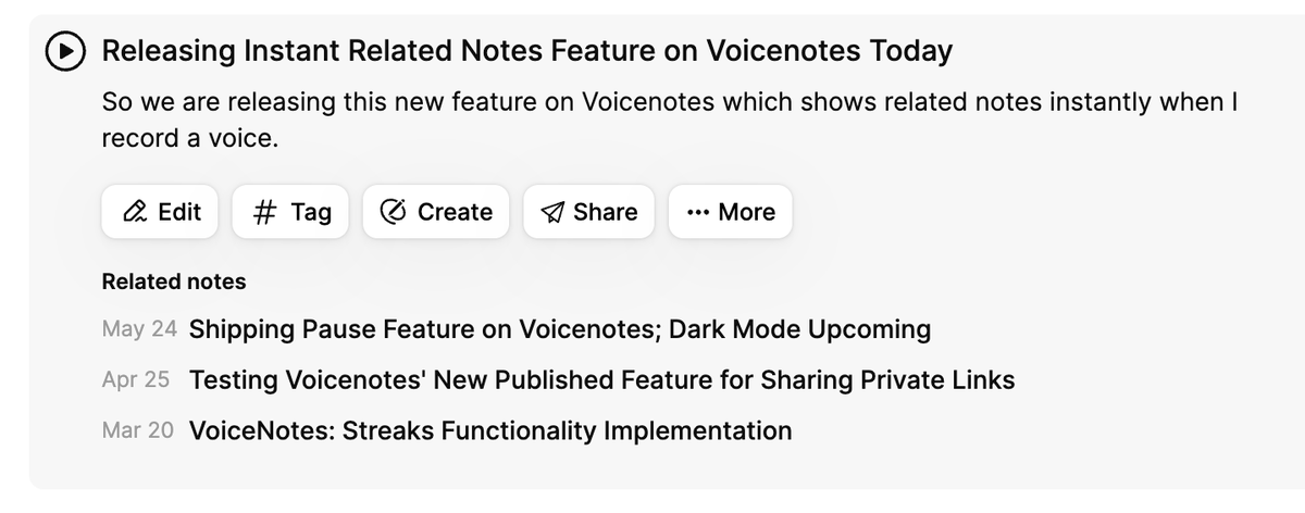 _aleeshajohn's tweet photo. Just shipped the "Related notes" feature on Voicenotes.

It's wild revisiting old thoughts triggered by a voice note I just recorded. How cool is that? 😍 https://t.co/KcxItSxCw1