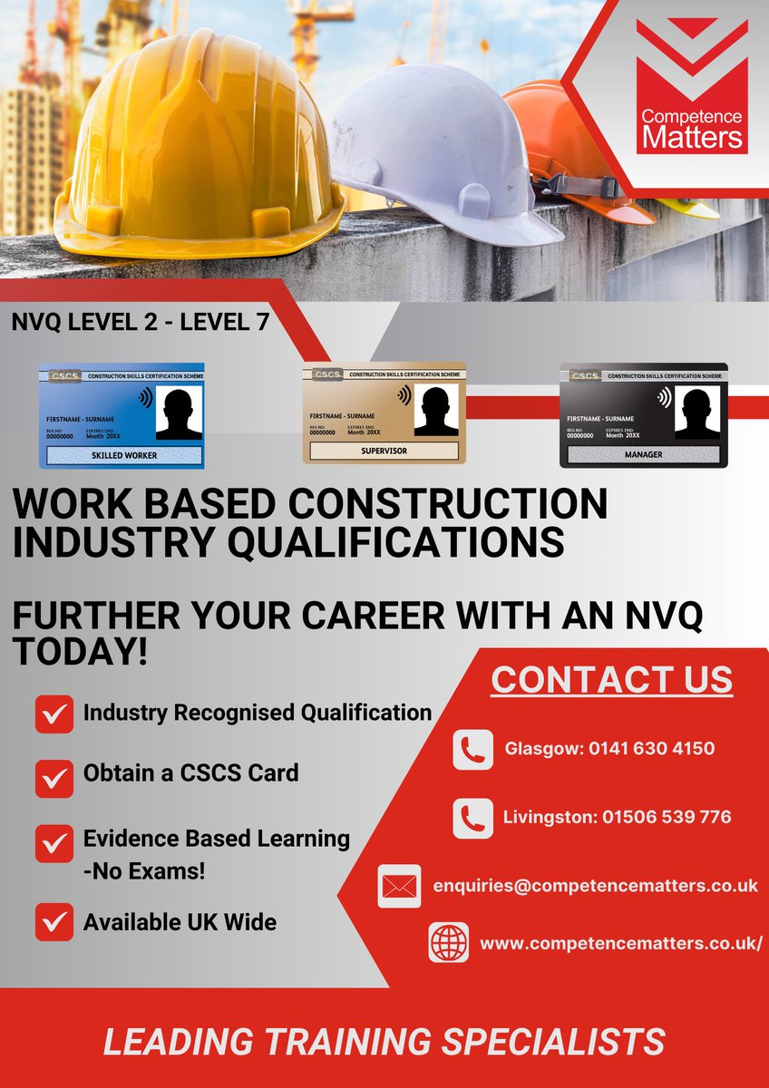 CompetenceMatte's tweet photo. 🎓 ARE YOU UK BASED &amp; LOOKING TO FURTHER YOUR CAREER IN CONSTRUCTION? 🎓

An NVQ may be right for you!

We offer work-based NVQ’s, UK wide, from Level 2 - 7👷

📞 Glasgow: 0114 630 4150
📞 Livingston: 01506 539 776
📩 enquiries@competencematters.co.uk
🌐 https://t.co/90vxQTZPj5 https://t.co/ruiLFman5f