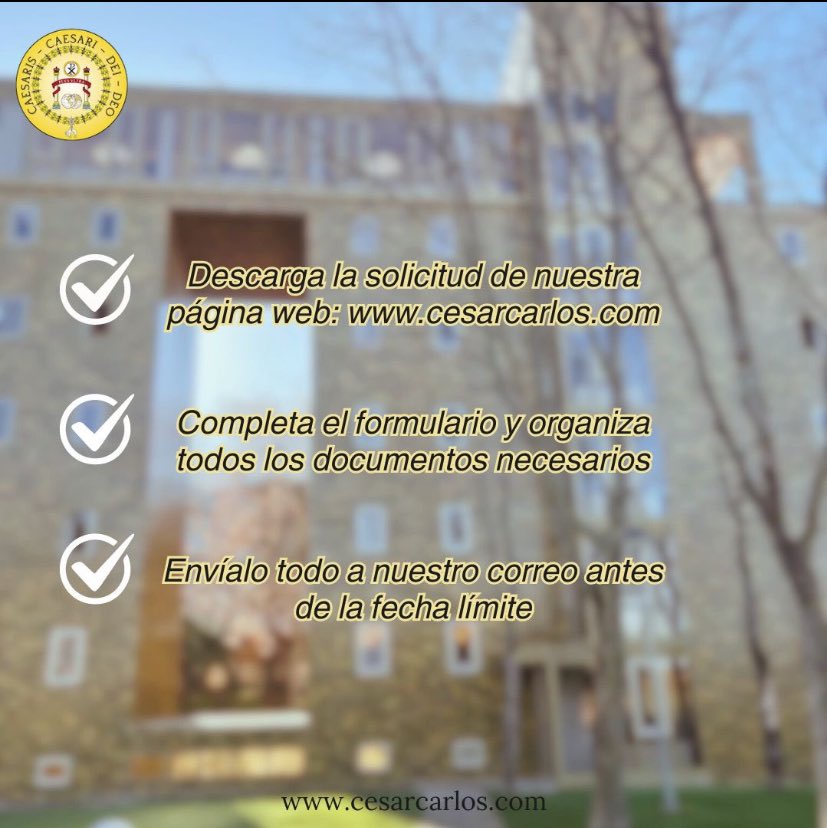 ¡Recordamos que sigue abierta la CONVOCATORIA ORDINARIA 2024 para entrar en el César!

Podéis encontrar las bases de la convocatoria y el formulario de admisión en nuestra página web cesarcarlos.com

¡Tenéis hasta el 4 de junio! 🖇️📝