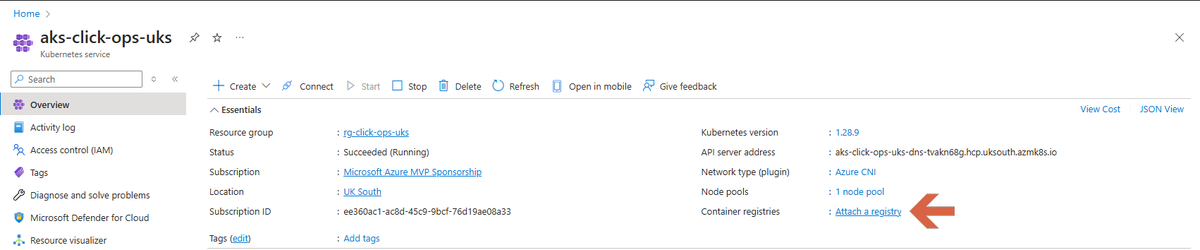 Pixel_Robots's tweet photo. 🎉 New feature alert!
🚀 The AKS overview pane in the preview Azure Portal now lets you attach your Azure Container Registry (ACR) to an existing AKS cluster!
Perfect for all you click ops fans out there.
#Azure #AKS #ACR #ClickOps https://t.co/Tfx5GcSarL
