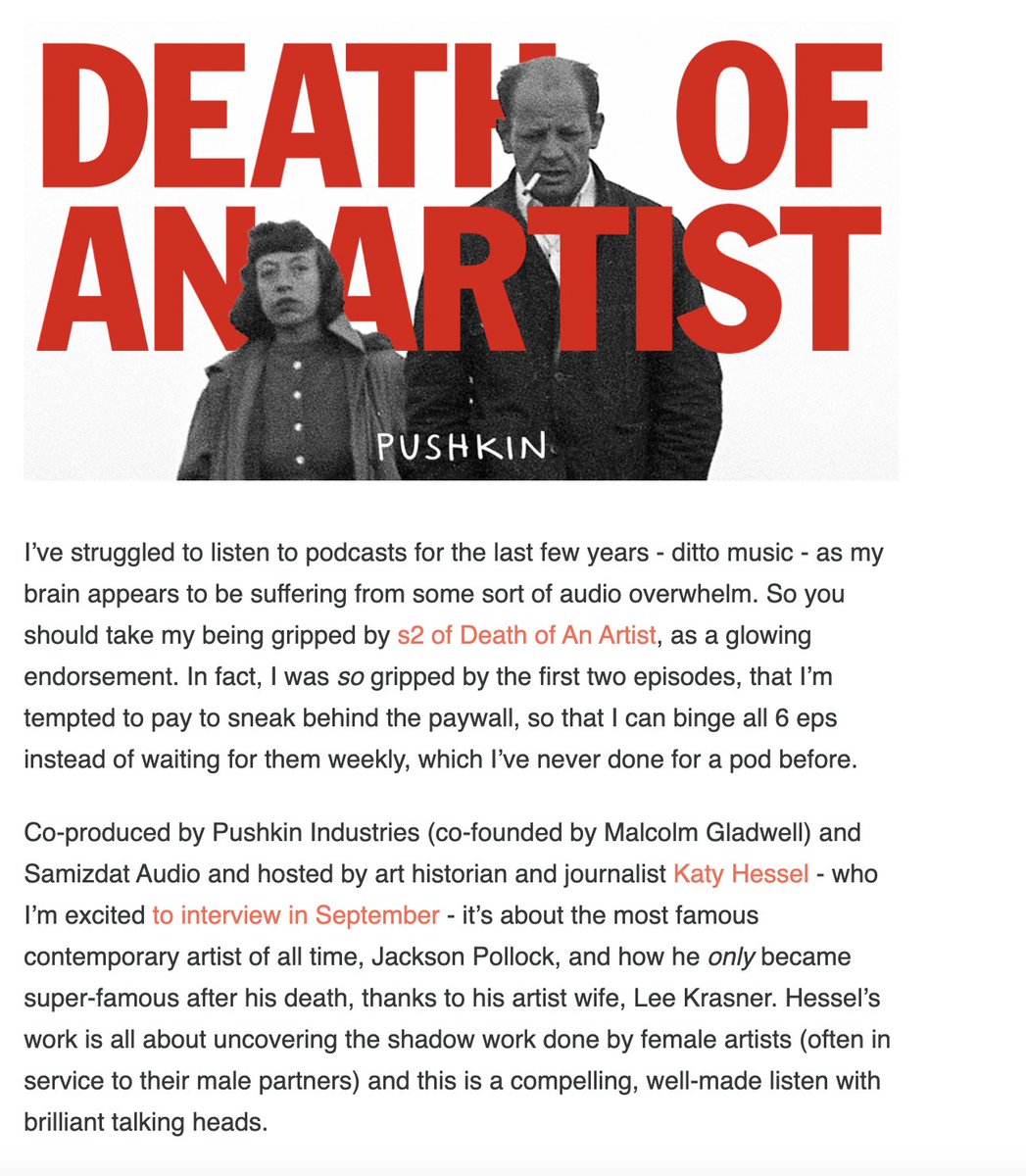 Thank you <a href="/PINsykes/">Pandora Sykes</a> for this lovely write up of Death Of An Artist!! <a href="/pushkinpods/">Pushkin Industries 🎙️</a> @katyhessel <a href="/ClemHitchcock/">Clem Hitchcock</a>
