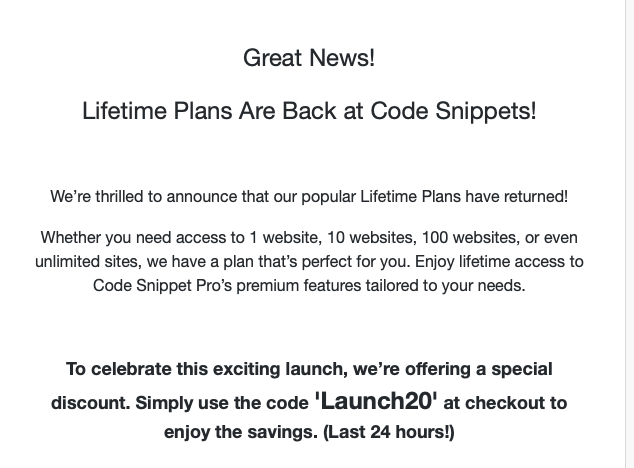 ImranWebsites's tweet image. Code Snippets just announced that their Lifetime plans are back.

codesnippets.pro

PS - that is not an affiliated /commission link. Just sharing love back for the plugin and to you all.

#CodeSnippets