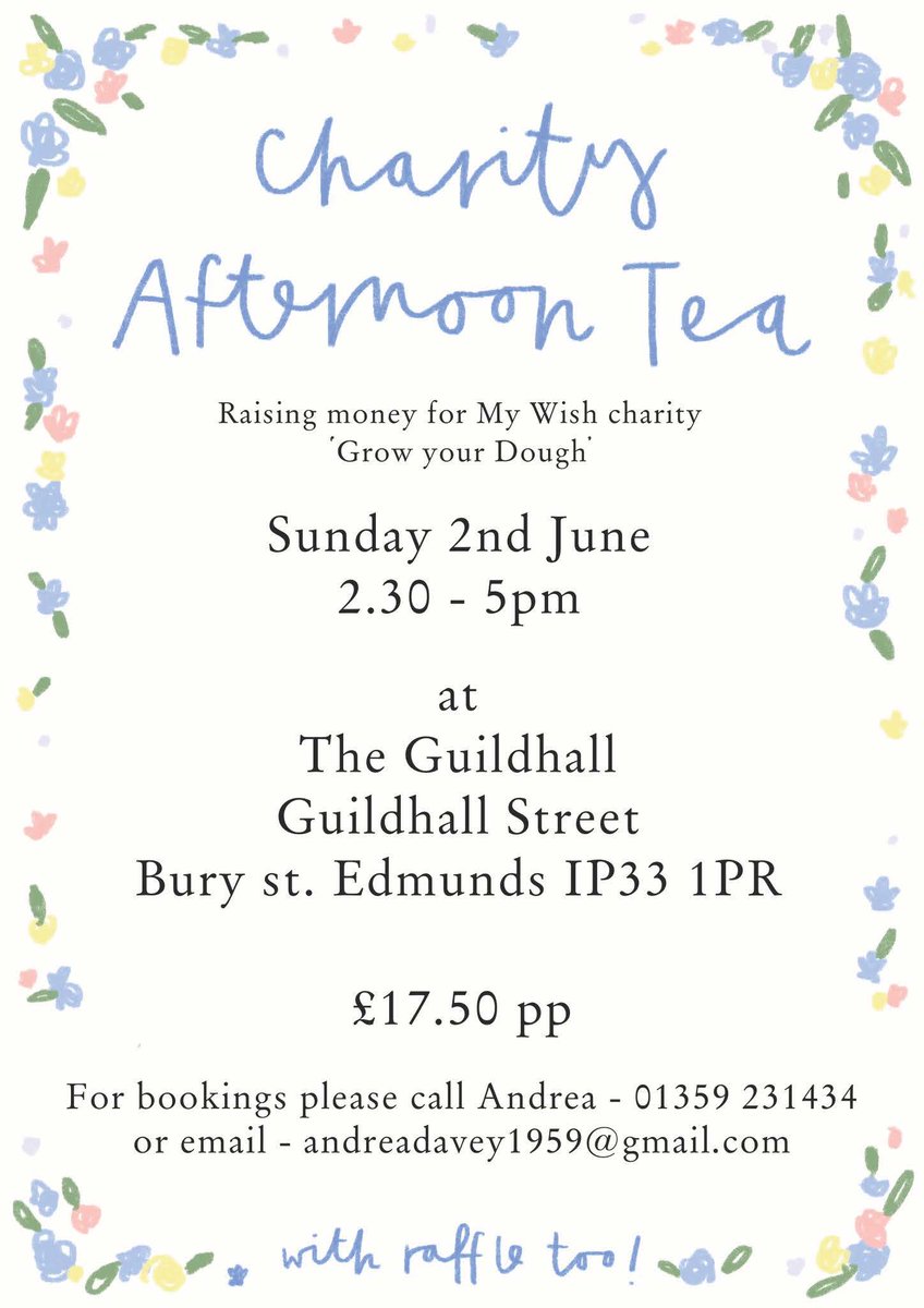 If you haven't already, book your tickets for this Sunday, June 2nd, and support My Wish charity by attending this wonderful, fundraising Afternoon Tea event.

My Wish is a local NHS charity enhancing the care you, your family, friends and loved ones receive at West Suffolk Trust