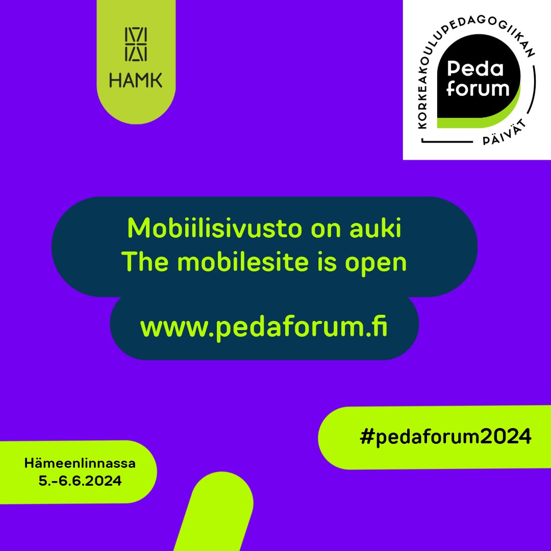 Arvoisat osallistujat!
Tarkka ohjelmakartta tiloineen on löydettävissä osoitteessa ⬇️
tapahtuma.pedaforum.fi
Tulette myös tänään samaan sähköpostitse osallistujien ohjeistukset Pedaforumiin.