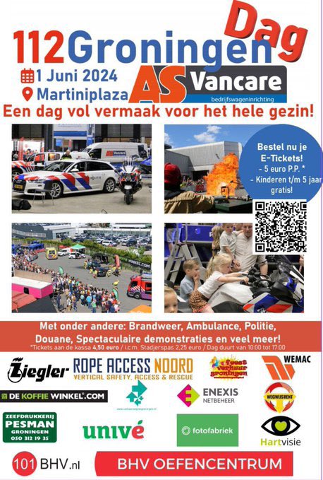 📢 | Zien we jou morgen ook op de 112GroningenDag? In de Martiniplaza presenteren vele hulpdiensten zich aan groot publiek! Ook <a href="/Rijkswaterstaat/">Rijkswaterstaat</a> is aanwezig. Dit evenement is een bijzondere en leerzame dag voor jong en oud. Tijd: 10.00 - 17.00 uur. <a href="/112groningennl/">112Groningen.nl</a>