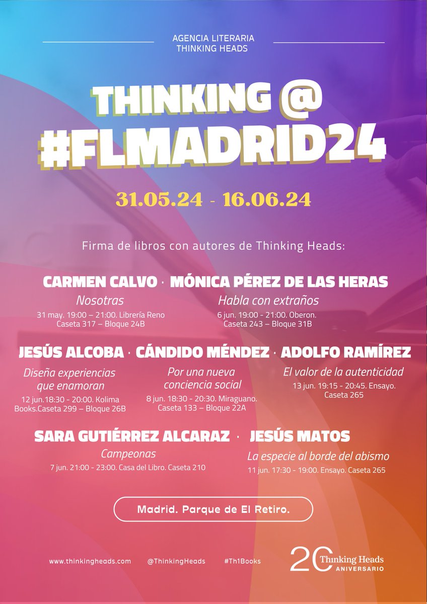 ¿Sabías que en Thinking Heads contamos con la única Agencia Literaria especializada en #NoFicción de España?

Algunos de nuestros #autores estarán presentes en la #FLMadrid24 firmando sus nuevos libros. Aquí te compartimos las fechas y horarios 👇

¡Te esperamos! 📚 #Th1books