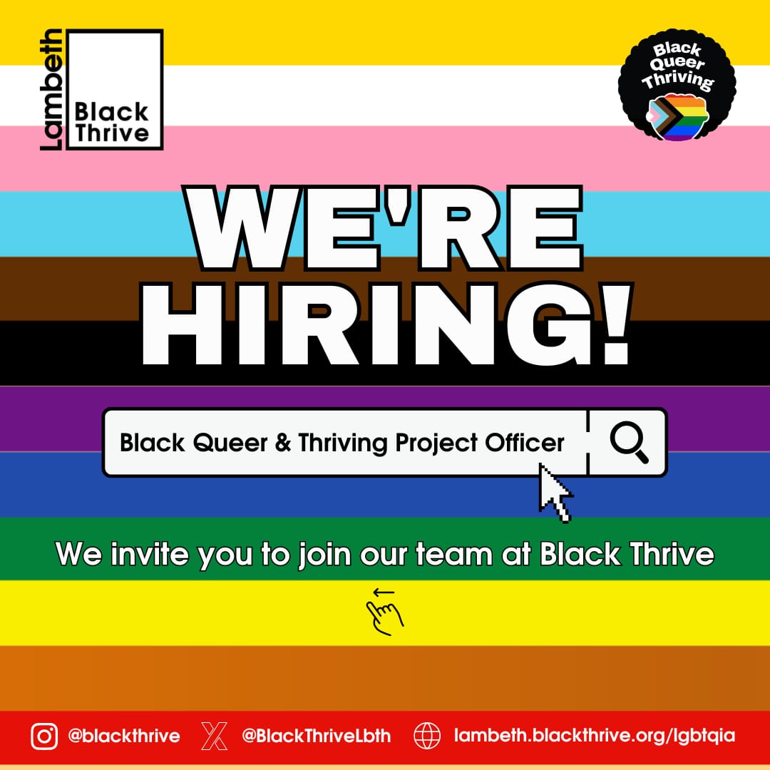 Final Day to Apply! @BlackThriveLbth £30,500-£32,500 BQT Project Officer Role Do you have the skills and expertise to engage with Lambeth and Southwark's Black LGBTQ+ communities and advocate for them within the mental health system. Apply at bit.ly/BQTPO24