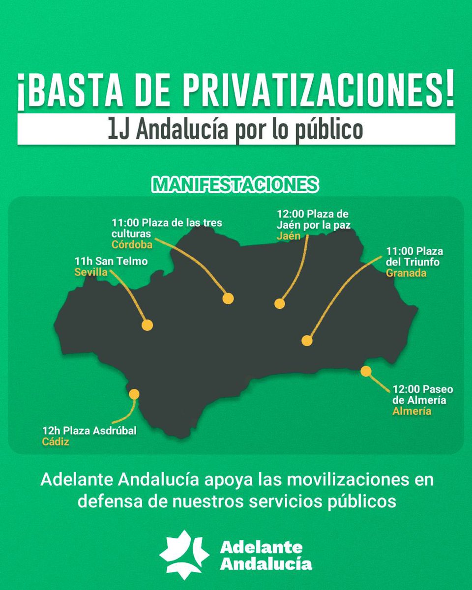 AdelanteAND's tweet photo. Privatizan la sanidad, la educación, los servicios públicos y ahora quieren privatizar nuestra cultura.

Para Moreno Bonilla y los suyos Andalucía es un producto con el que forrarse.

✊ Nos van a tener en frente y mañana se lo demostraremos.

#1JAndaluciaPorLoPublico https://t.co/9EhZdfY97e