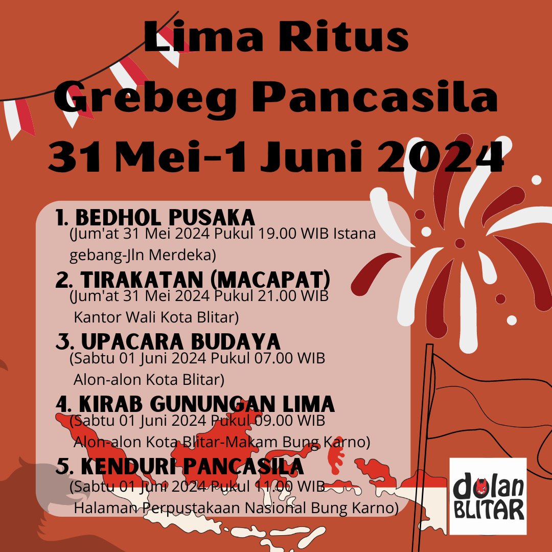 Info kegiatan rutin menyambut & memperingati hari lahir Pancasila di Kota Blitar.

Ayo #dolanblitar