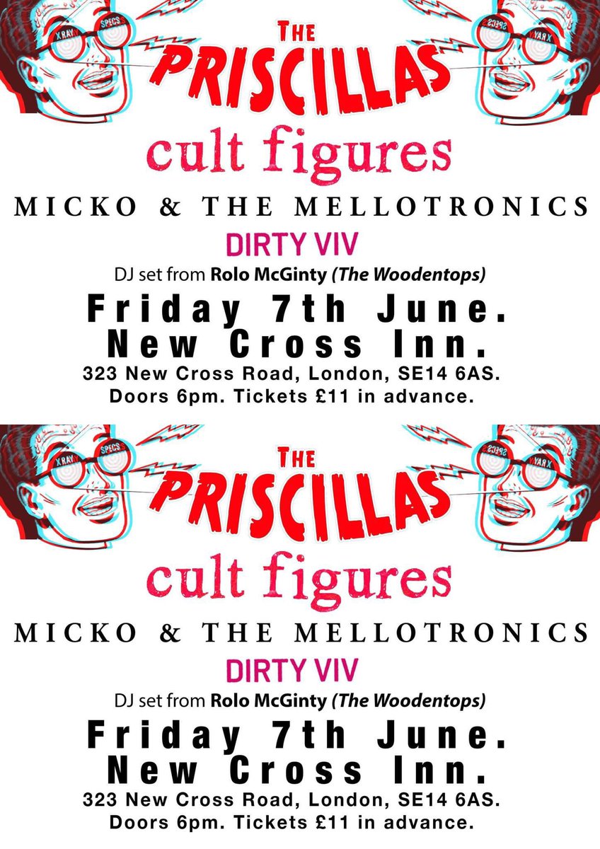 I LOVE playing gigs me! CULT FIGURES ARE BACK IN LONDON! We're on a great bill with @thepriscillas @M_Mellotronics & Dirty Viv DJ set from Rolo McGinty (@Woodentopsmusic) at the @NewCrossInn Friday June 7th! Get your tickets early! tinyurl.com/mspwvezm @CultFiguresBand