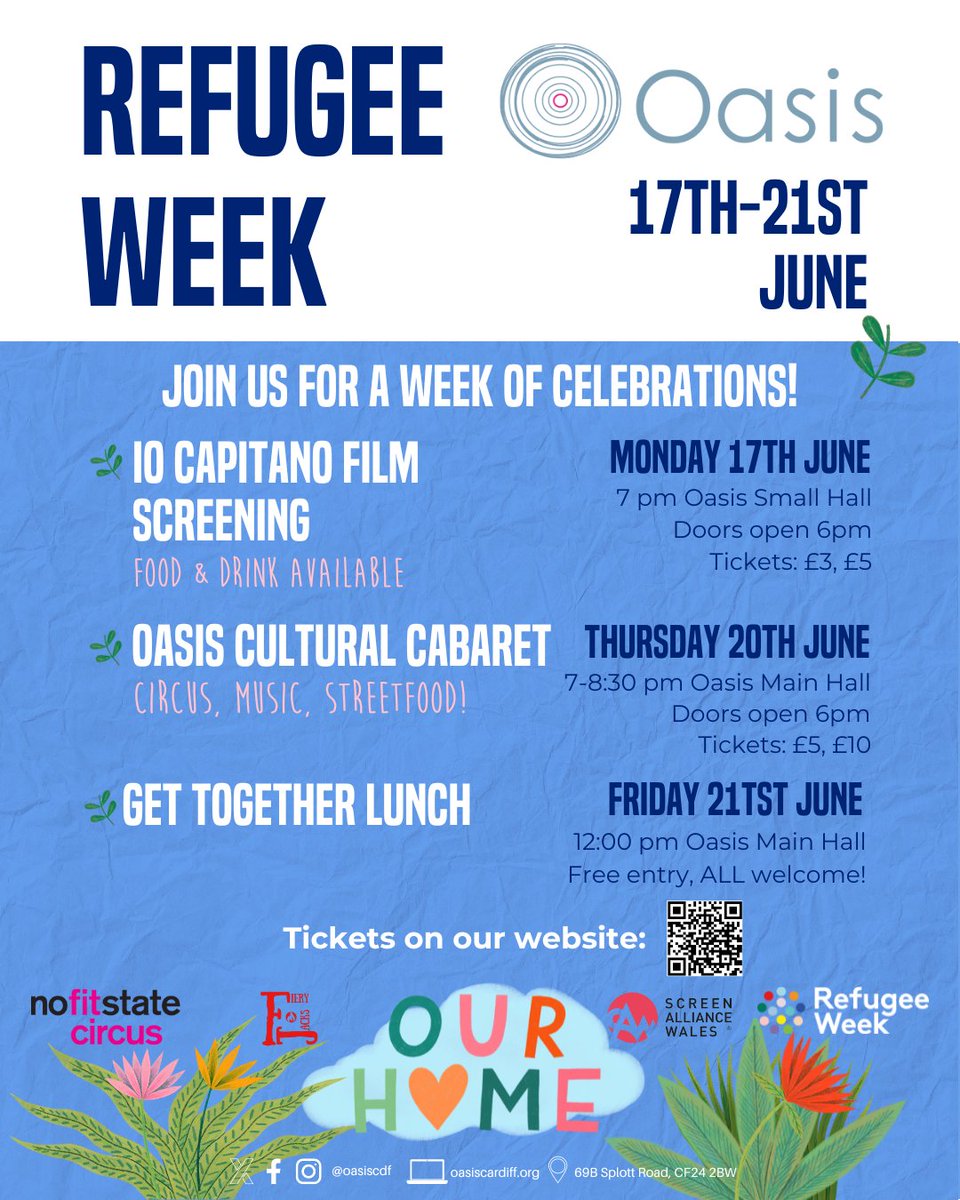 Thrilled to announce our events for @RefugeeWeek! 17.06 📽️Io Capitano film screening 20.06 🎪Cultural Cabaret - circus, music & street food! With @NoFitState, Global Eats & more 21.06 🧑‍🤝‍🧑Get Together Lunch - community lunch (free) Book tickets here: oasiscardiff.org/Pages/Events/