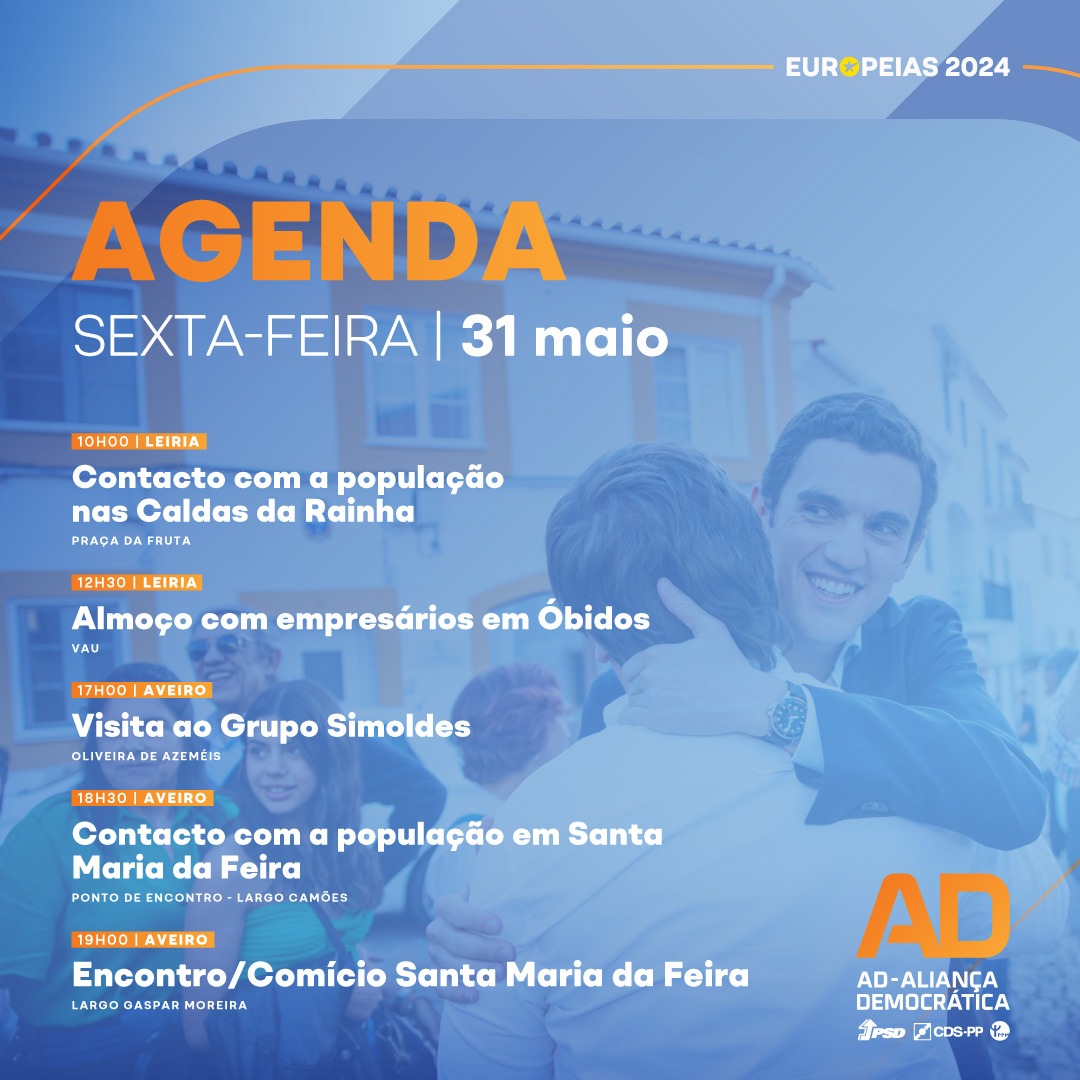 🟧🟦 Voz na Europa em Leiria e Aveiro.

Conhece a agenda de campanha.

#Europeias2024