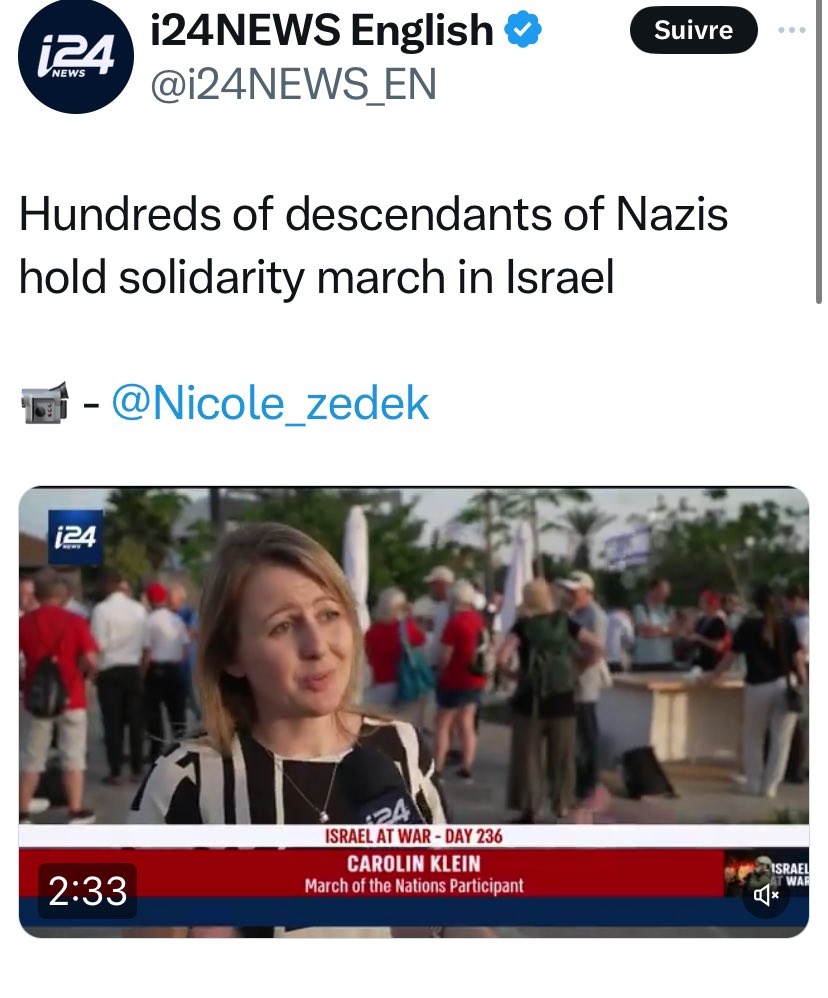 Nazis hier, Nazis aujourd’hui. 

Oui vous lisez bien, des héritiers des nazis responsables du génocide des juifs, manifestent pour soutenir le nazi Netanyahu et le génocide des palestiniens à Gaza. #GazaGenocide