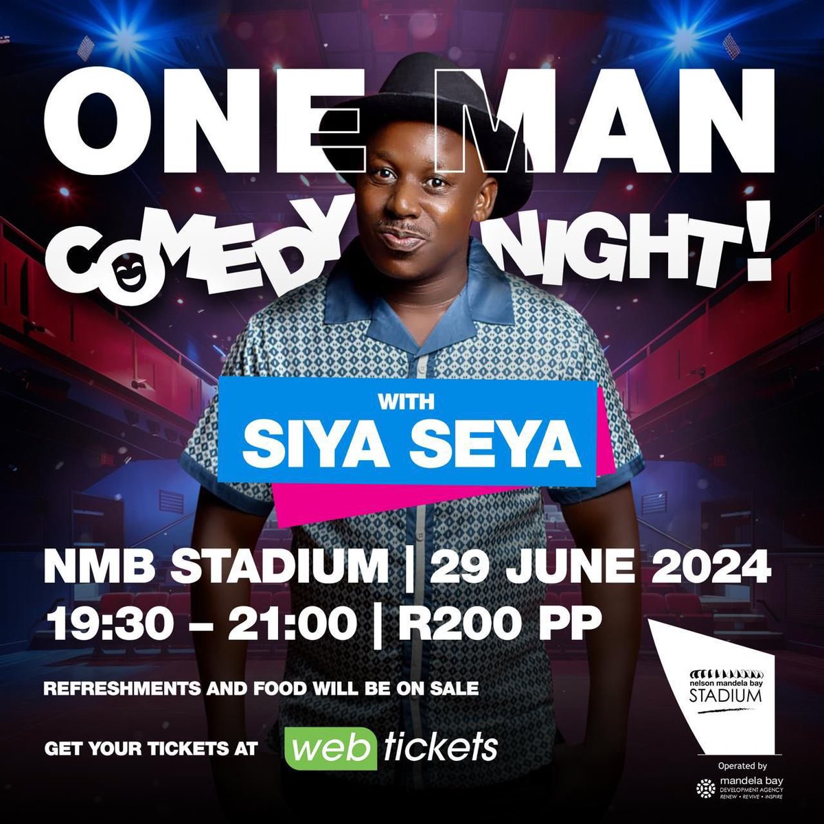 ✨UPCOMING EVENT✨

Do not miss out on Siya Seyas one man Comedy Special that will be taking place on the 29 June 2024 at the Nelson Mandela Bay Stadium. 

Food & drinks will be on sale 🍔🍟💃🏻

Tickets: webtickets.co.za/v2/Event.aspx?…

#ourstadium #comedynight #Gqeberha 
#sharethebay