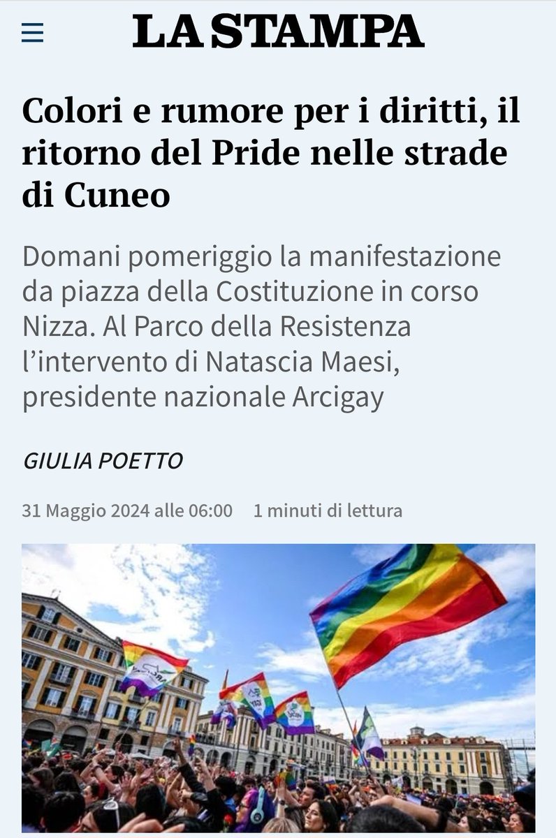 Sabato primo giugno a Cuneo. #ondapride #lgbtq #pride #Cuneo lastampa.it/cuneo/2024/05/…