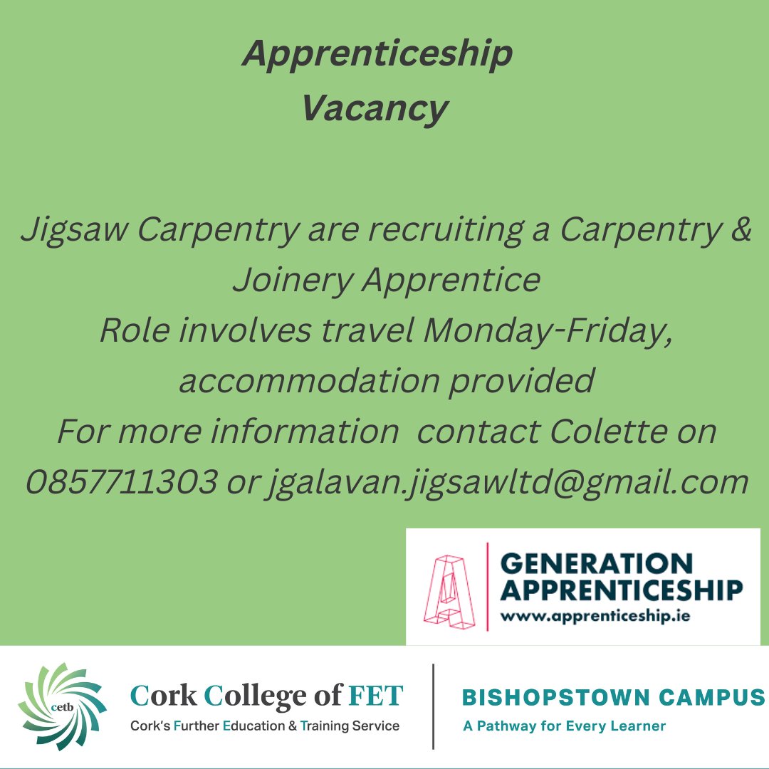 Exciting #GenerationApprenticeship opportunity available 🙌
Jigsaw Carpentry and recruiting for a #Carpentry&Joinery Apprentice. 
@corketb @apprenticesirl @thisisfet @SOLASFET

#GenerationApprenticeship #ThisisFET #FETisforEveryone #JobFairy