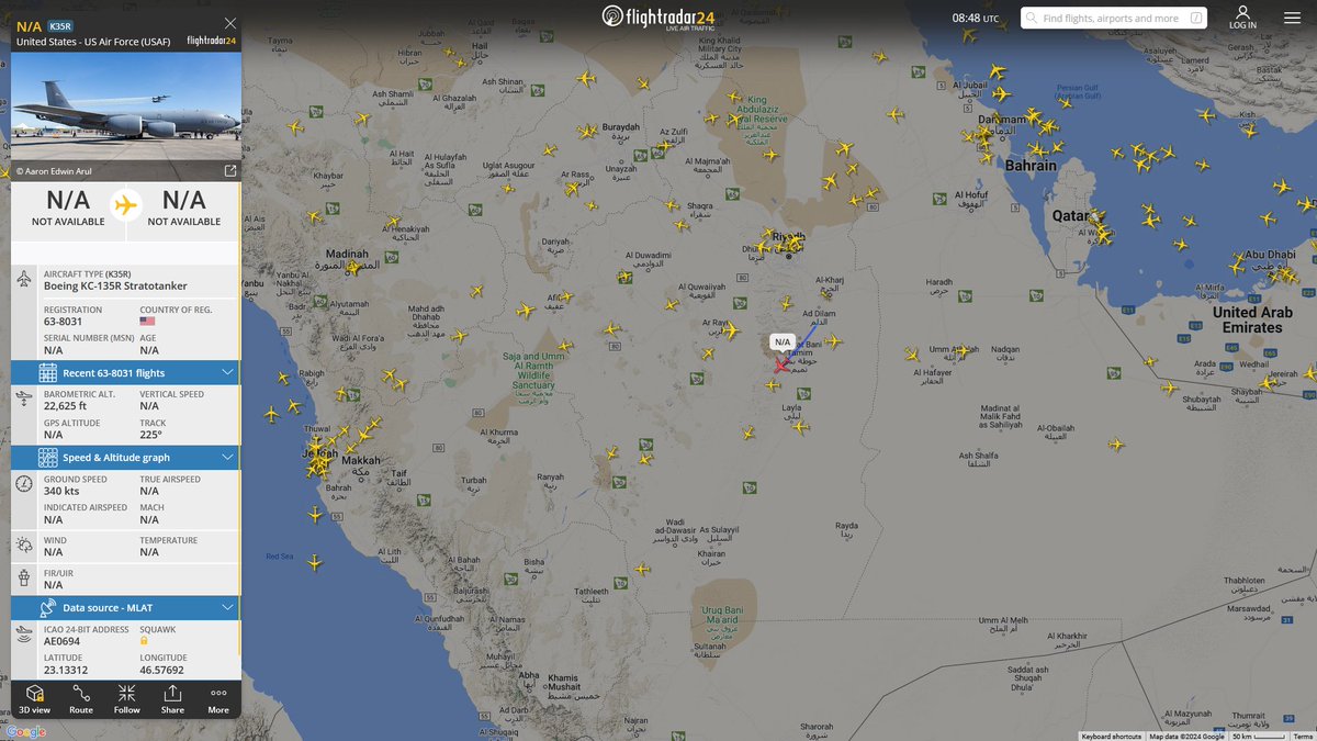 May 31, 2024 #Prince Sultan Air Base #Red Sea #Yemen #Houthi rebels #NoCALLSIGN #AE0694 USAF KC-135R Stratotanker