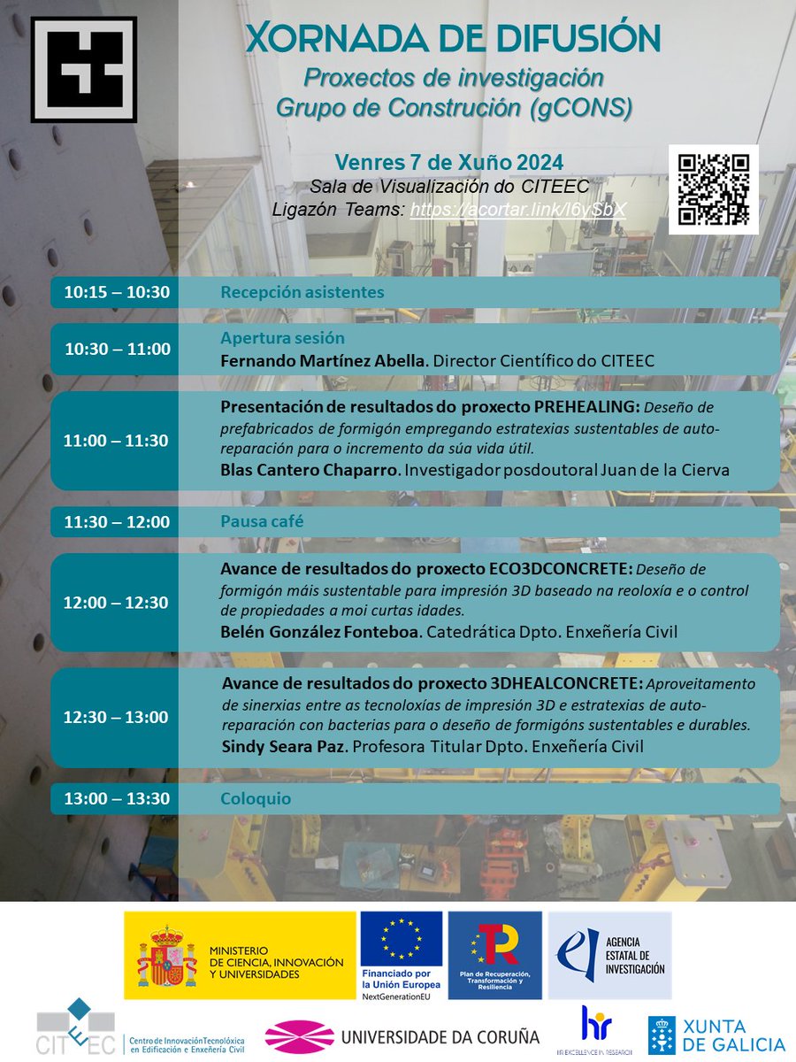 Presentamos a xornada na que se repasarán os avances acadados durante o desenvolvemento de tres proxectos de investigación que se están levando a cabo no seo do grupo de Construción.

🗓️ Venres 7 de xuño
📍 Sala de Visualización do CITEEC
🕙 10:00-13:30
🔗 acortar.link/l6ySbX