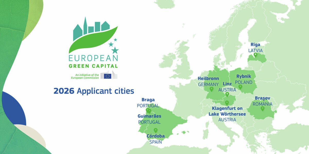 It’s that time of the year! 🌱 
Get to know the applicants for the #EUGreenCapital Award 🙌

Braga 🇵🇹
Brașov 🇷🇴
Córdoba 🇪🇸
Guimarães 🇵🇹
Heilbronn 🇩🇪
Klagenfurt on Lake Wörthersee 🇦🇹
Linz 🇦🇹
Riga 🇱🇻
Rybnik 🇵🇱

Congrats👏 bit.ly/3ULYaUZ