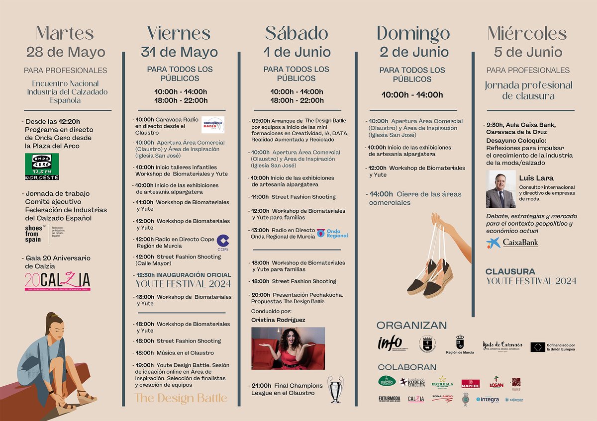 🥿 YUTE & YOU 👡

¡Disfruta este finde del YOUTE FESTIVAL, la feria de artesanía del calzado más importante de la #RegióndeMurcia, en #Caravaca! 

#AñoJubilar2024 @AytodeCaravaca @calzia_es @turismormurcia